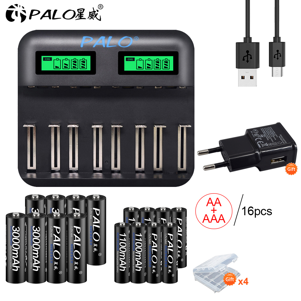 Palo Lcd Display Usb Smart Battery Charger Voor 1.2V Aa Aaa Sc C D Size Oplaadbare Batterij + 1.2V Aa Aaa Oplaadbare Batterijen