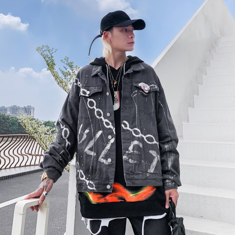 Aolamegs planet kjede trykt punk dongerijakke herre cowboykåper med flere lommer koselig high street hip hop hipster streetwear høst