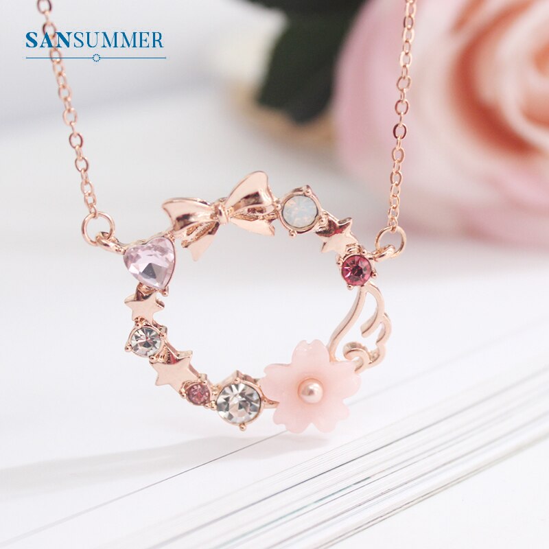 SANSUMMER Vrouwen Sieraden Sets Meisje Goud Roze Boog Sakura Earring Ketting Zoete Mooie Metalen Vrouwelijke Sieraden Sets 5709