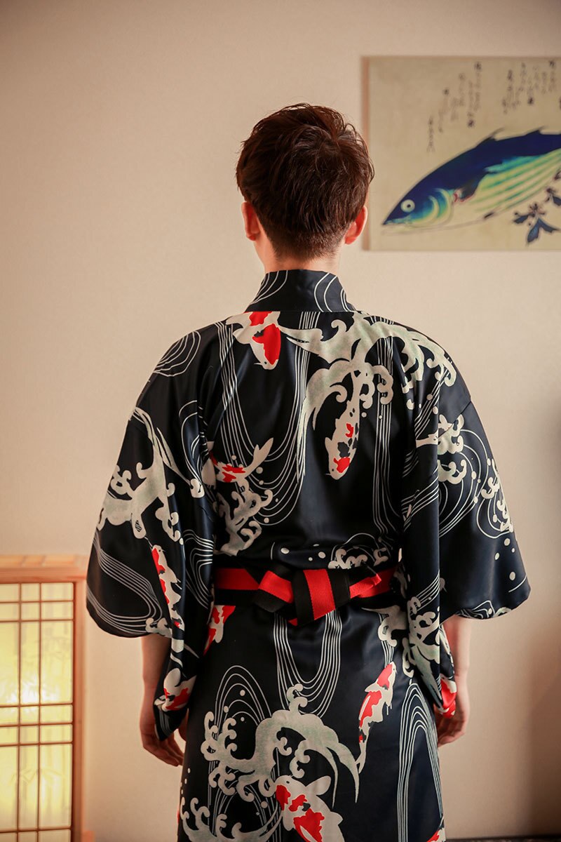 Summer Male Koi Fish Wave Kimono with obi Festival Traditional Bathrobe Dress Cosplay Samurai Kimono Costumes DH053