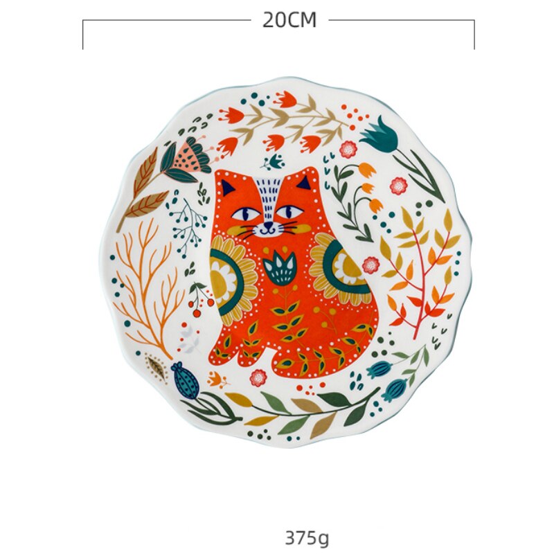 8inch Hand-painted Cat Dinner Plate Under-glazed Ceramic Dish Dessert Tray Flower Kitten Microwave Dinnerware YHJ021201: E