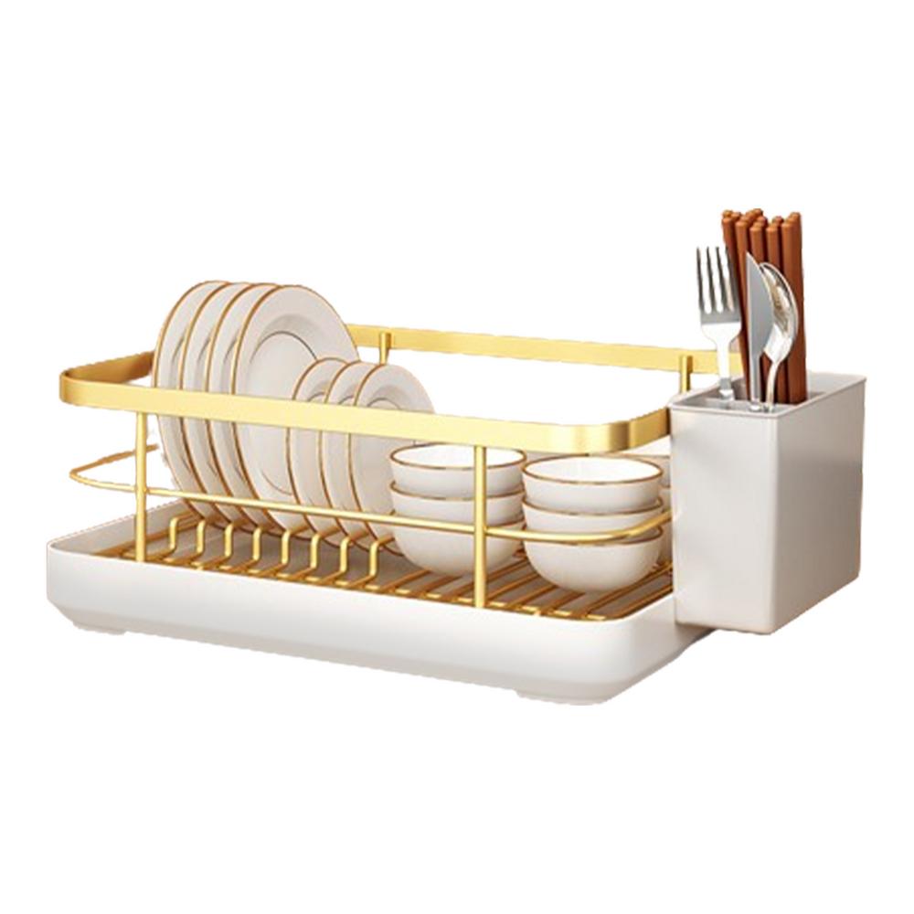 Dish Drying Rack Utensil Drainer With Utensil Holder Dish Organizer Drying Dish Rack With Drip Tray For Bowls And Plates: Gold