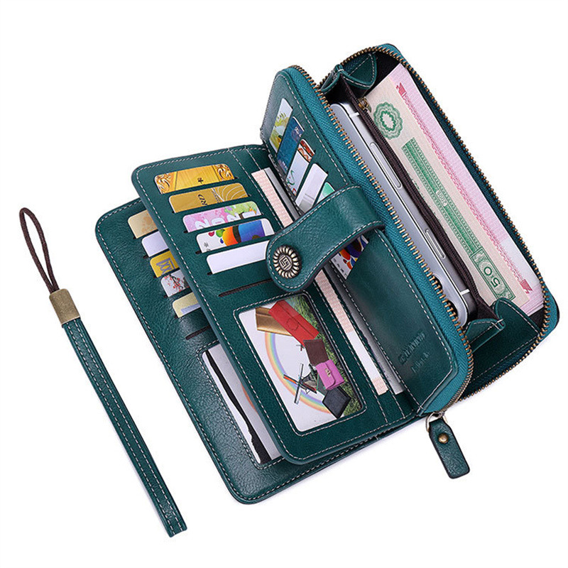 Vintage Ladies Long Leather Wallet Retro Natural Skin Zipper Coin Bag Card Holder Large Capacity Wallet For Girl