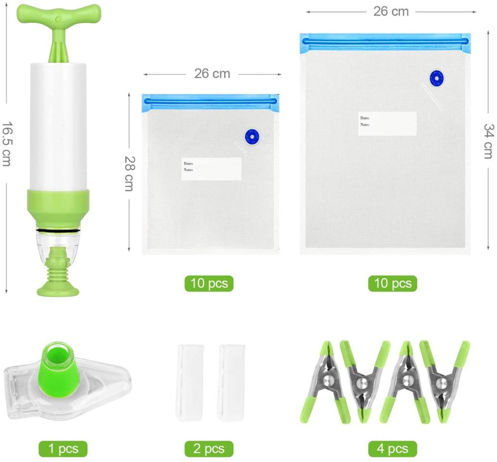 28 st återanvändbara vakuum sous vide påsar hem kök mat förvaring zip packs påsar med vinflaskpropp och handpump bpa free