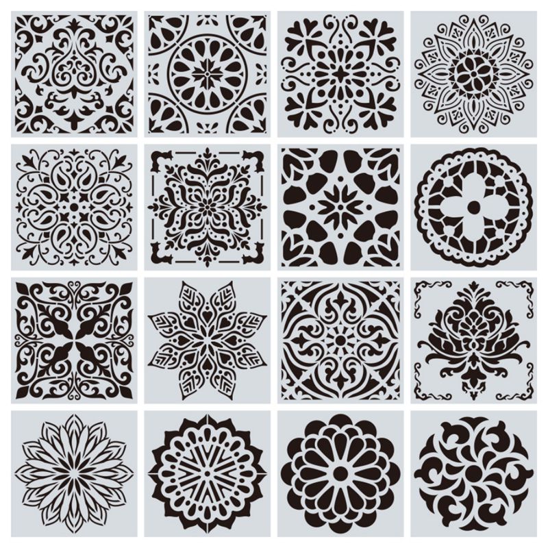 Pochoir de dessin mural de Mandala | Pour peinture, modèle de décoration, bricolage, pochoir cadre Photo 15x15cm #7, 16 pièces/lot