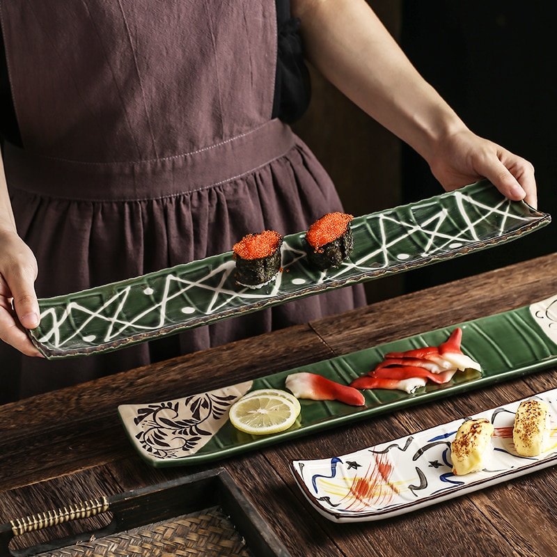 Nordisk keramisk japansk køkken sushi plade enkel hjem lang strimmel flad sashimi laks rektangulær plade stort køkken bordservice