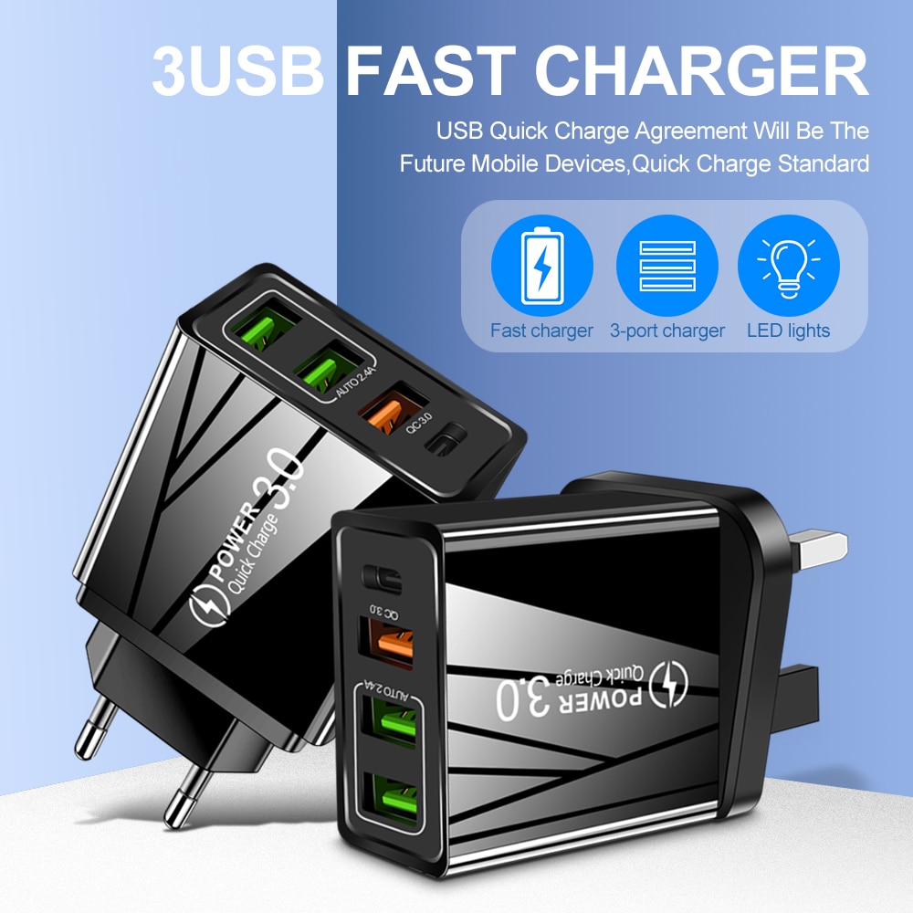 3 Prot Fast Charging PD 20W Quick Charge 4.0 3.0 USB Charger Mobile Smartphones Charger For iPhone 12 11 XS Samsung Xiaomi