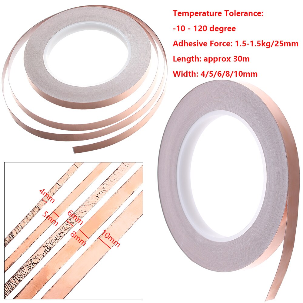 30 Meters Single Side Conductive Copper Foil Tape Strip Adhesive EMI Shielding Heat Resist Tape 3mm 4mm 5mm 6mm 8mm 10mm
