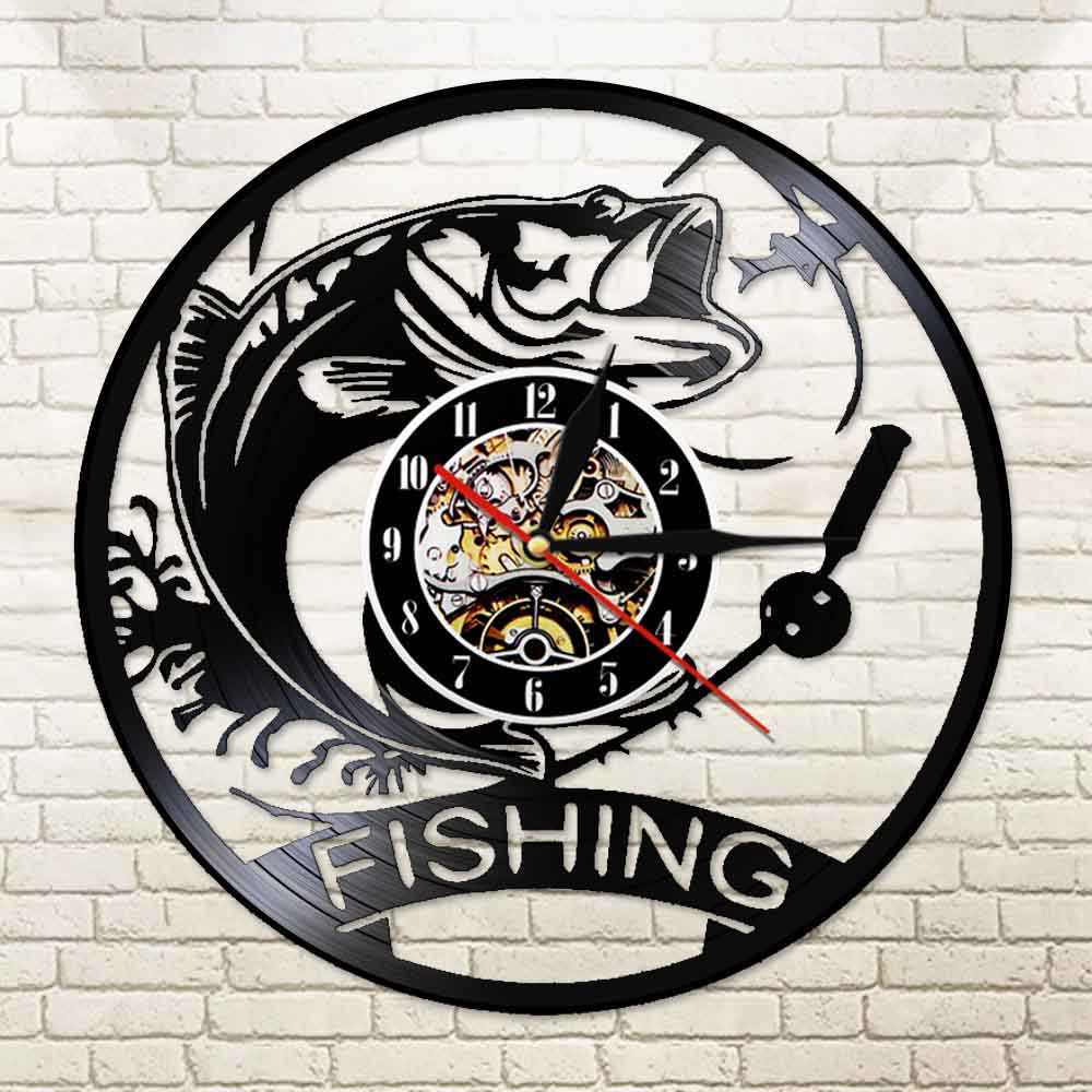 Reloj de pared de pesca hecho de disco de vinilo Real, lámpara de luz nocturna LED de pez mecánico, reloj de cocina moderno, de pescador