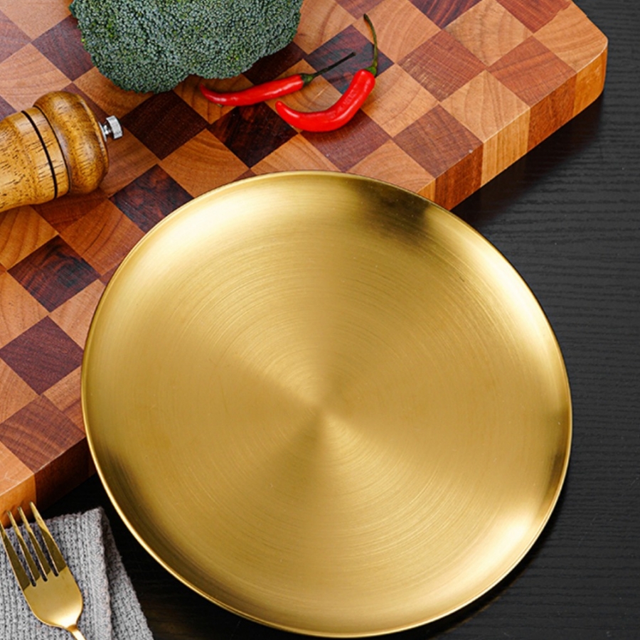 Plate tray, dining tray, steak plate, barbecue plate, Korean stainless steel circular barbecue plate: Brown / 6.5 Inches
