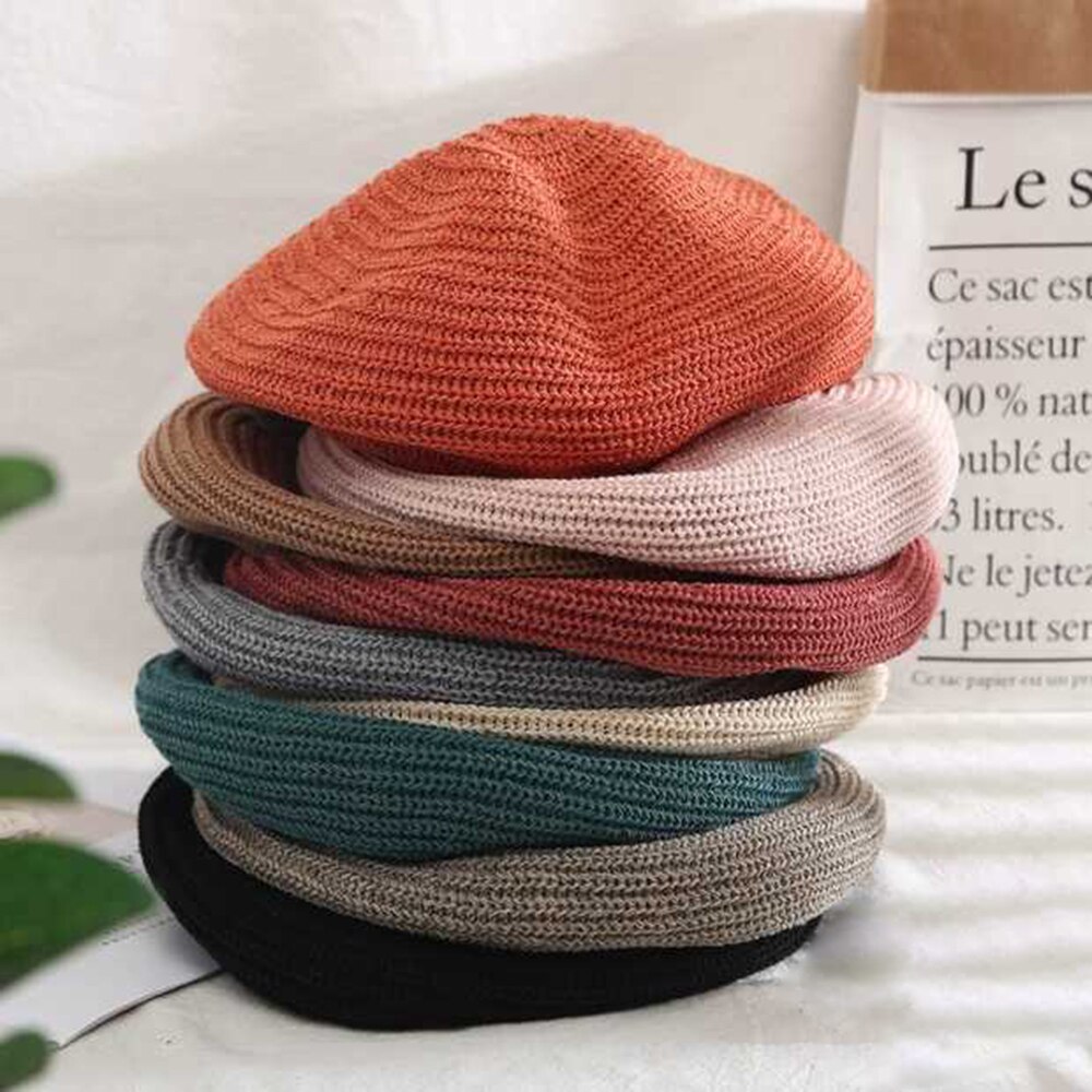 ¡Novedad de ! Boinas de punto para primavera y verano para mujer, gorro liso de algodón para mujer, gorras francesas de ganchillo a la con estrellas, gorro de pintor