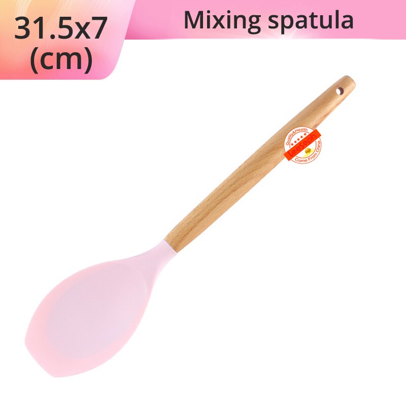 Silicone Cooking Utensils Kitchen Utensils, Acacia Wooden Cooking Tool for Nonstick Cookware - Best Kitchen Gadgets: Pink-Mixing Spatula