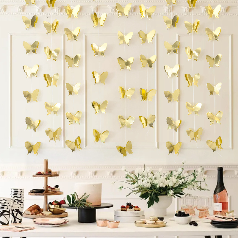 Guirnalda de pancarta de papel de mariposa 3D de 2M, cortinas de bandera colgantes iridiscentes para decoración de fondo de de cumpleaños y boda, Baby Shower