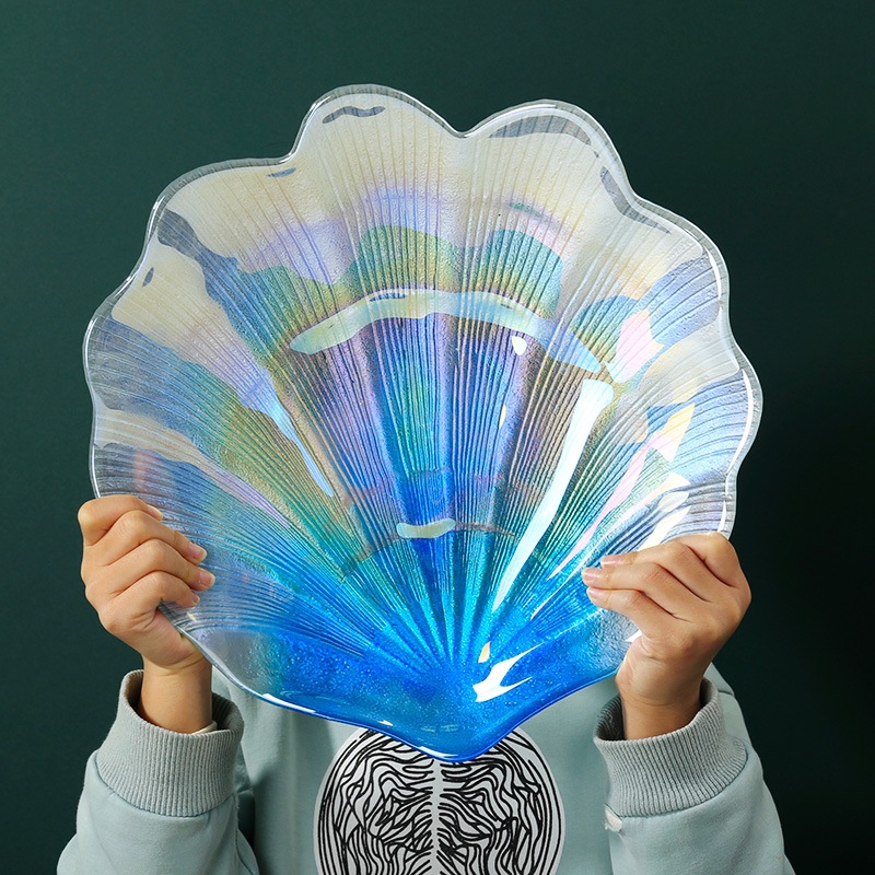 Placas de concha de cristal azul grandes, transparentes, holográficas, coloridas, iridiscentes, 30cm, adornos, decoraciones de exhibición, bandejas de joyería