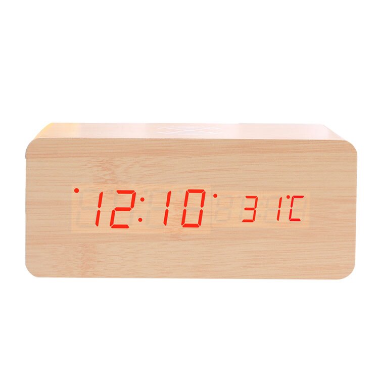 Moderne Houten Hout Digitale Led Desk Wekker Thermometer Qi Draadloze Oplader Bureau Tafel Klokken: Wood