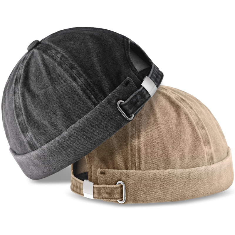 2 Pcs Brimless Hats for Men Adjustable Hat Casual No Brim Hat Visor-Less Flip Hat Sailor Skullcap: Dark Gray Brown