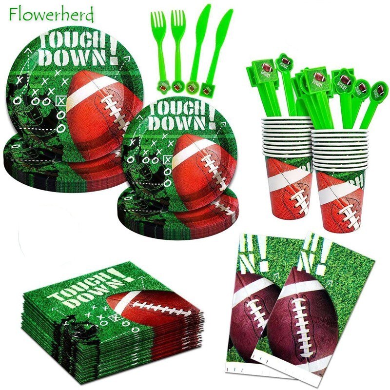 Rugby American Football Theme Party Supplies Disposable Dinnerware Set Plates Napkins Cups Knifves Fork Spoon Birthday Party Set