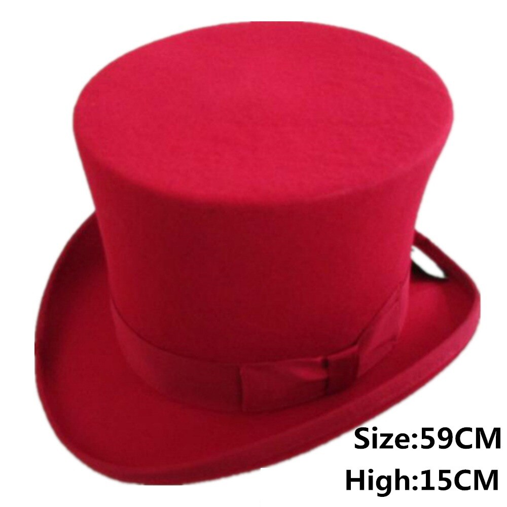 5 farve top hat 15cm 4 størrelse uld kvinder mænd top fedora hat tryllekunstner kaffe steampunk cosplay punk fest kasketter: Rød 59cm
