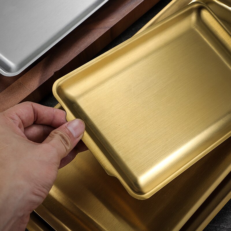 304 Stainless Steel Storage Tray Space Saving Dinner Plate Rectangular Multifunctional Tea Tray Gold Flat Bottom BBQ Tableware
