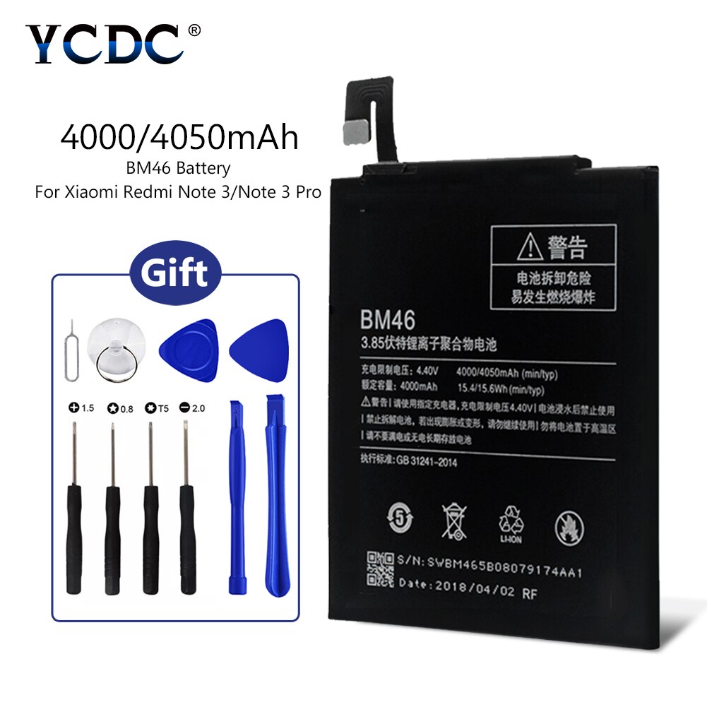 Batería de litio BM46 para Xiaomi, batería recargable de 3,85 V, 4050 / 4000 mAh para Redmi Note 3 / Note 3 Pro con herramienta de reparación: BM46 and Tools