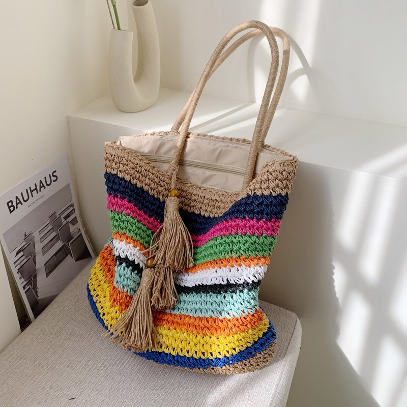 Contrast color Straw Tote bag Summer Women's Handbag High capacity Shopping Shoulder bag Beach Travel bag