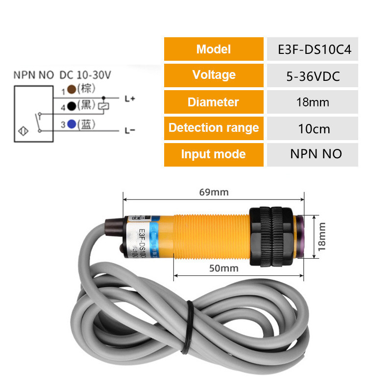 Interrupteur de proximité capteur photoélectrique E3F-DS30C4 NPN PNP DC5-36V plage de détection réglable 30cm 10cm E3F-DS30P1/P2/C2/Y1: Orange