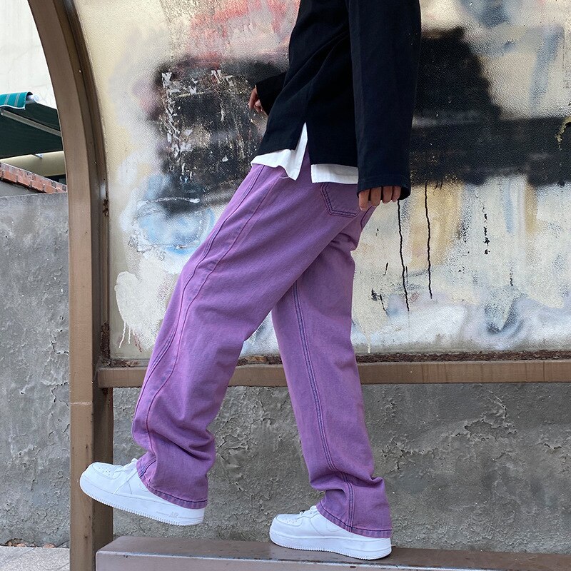 Japanese Men Jeans Purple Green Loose Straight Vintage Casual Streetwear Skateboard Dance Denim Cargo Baggy Pants