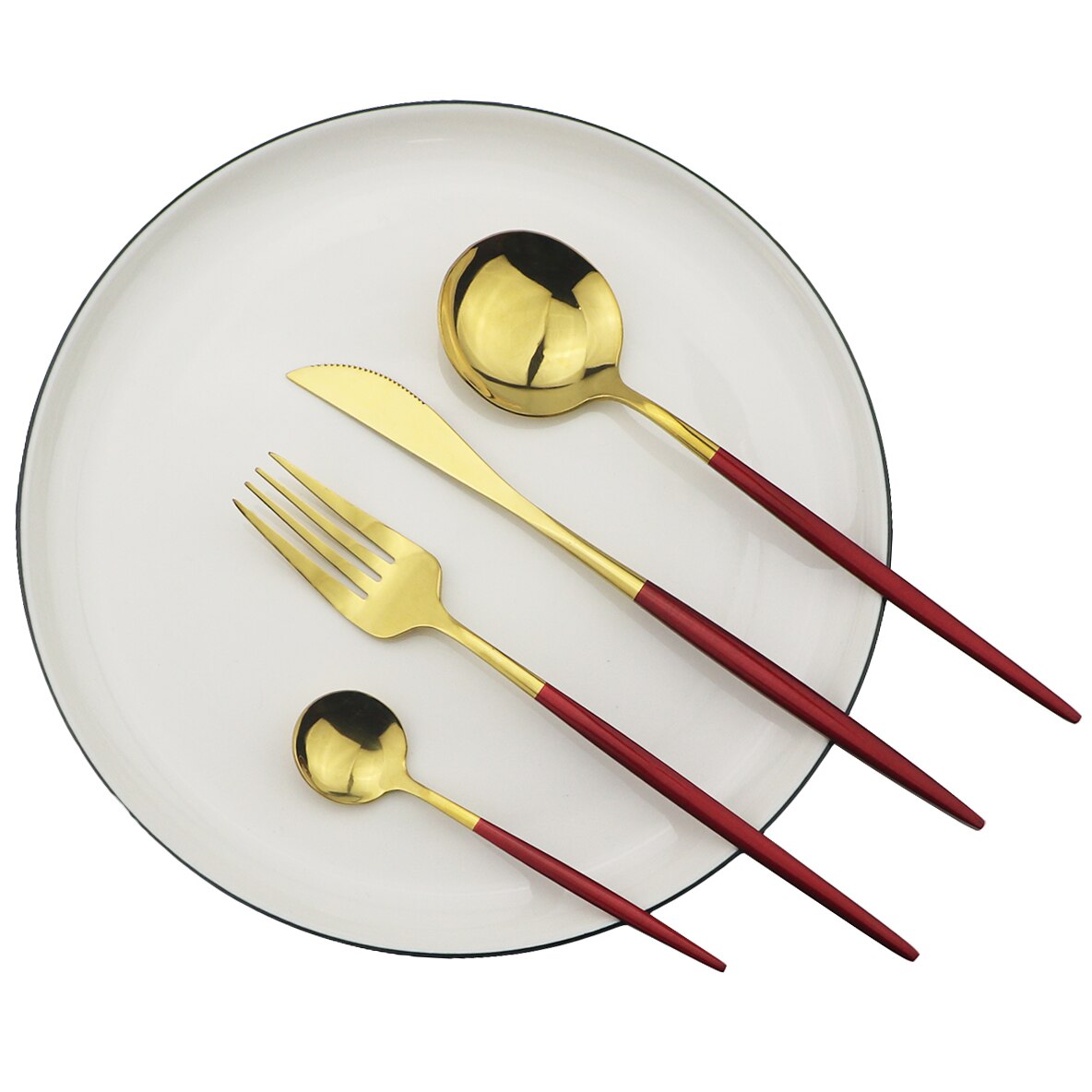 4Pcs/ Set 18/10 Stainless Steel Dinnerware Set Green Gold Flatware Cutlery Set Dinner Gold Knife Fork Spoon Silverware Set: Red Gold
