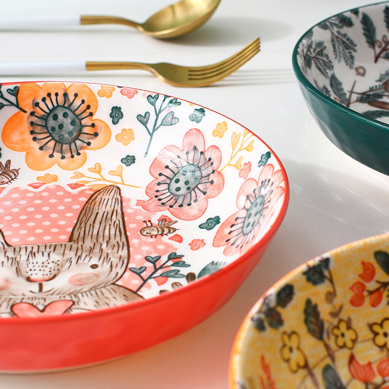 Platos de dibujos animados de 8 pulgadas para niños, platos bonitos para el hogar, vajilla de cerámica con personalidad creativa, plato profundo de disco rojo neto