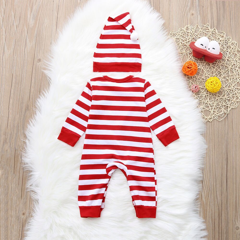 0-24M Autumn Baby Boys Girls Christmas Striped Jumpsuit Toddler Santa Claus Elk Embroidered Romper Two-Piece Suit With Party Hat