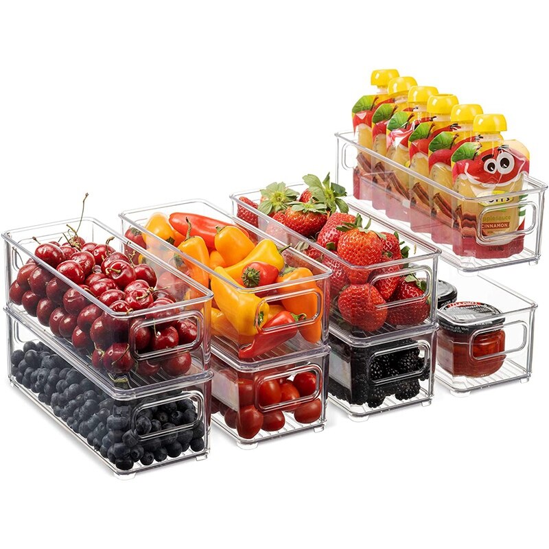 Refrigerator Organizer Bins, Clear Stackable Plastic Food Storage Rack with Handles for Pantry, Kitchen