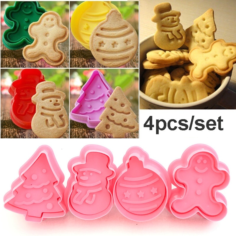 4pcs/set Christmas Cookie Mold Xmas Tree Snowman Pattern Cookie Biscuit Plunger Cutter Mould Fondant Chocolate Baking Molds Tool