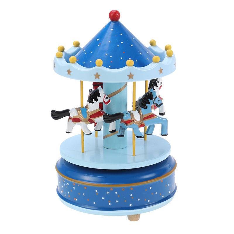 Wooden Carousel Music Box Desktop Ornament Mechanical Musical Box Valentine'S Day Birthday Not Included Battery: Blue