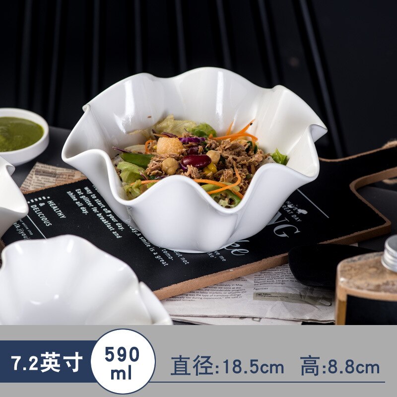 White Ceramic Irregular Salad Bowl Curling Edge Dinner Plates Fruit Kitchen Decor Dishware Platos De Cena: 18.5x8.8cm