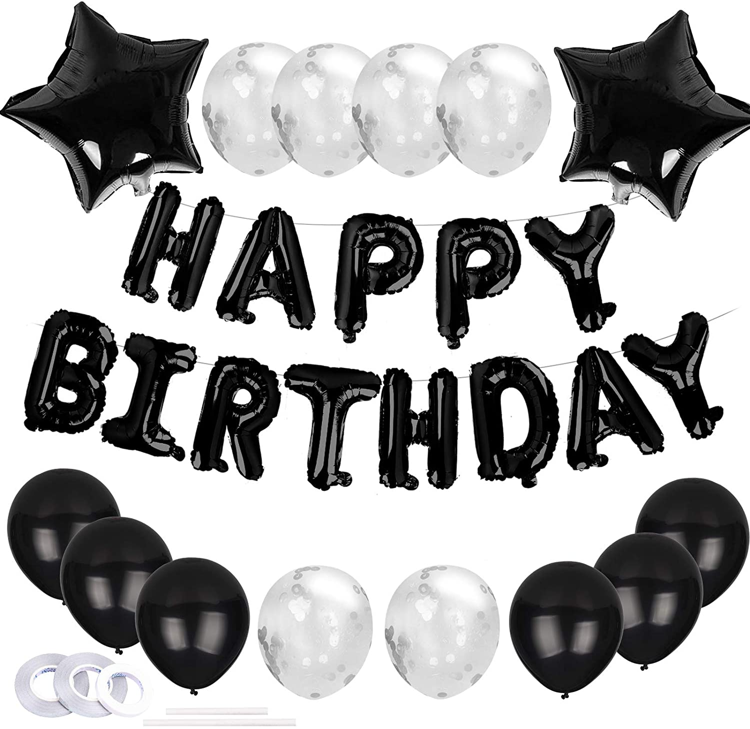 Happy Birthday Balloons Decorations Set Foil Mylar Letter Balloons Banner Latex Confetti Balloons For Birthday Party Supplies: Black