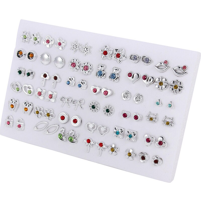 36pairs/set Silver Color Flower Stud Earring Set For Women Girl Crystal Bear Animals Kids Earrings Jewelry Mix Styles