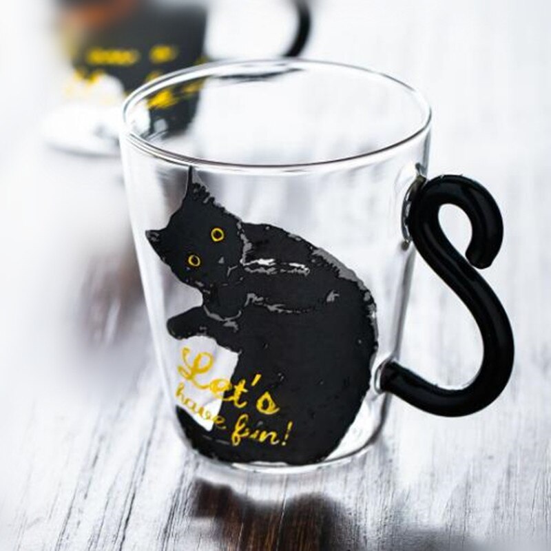 Juego de tazas de café de vidrio con forma de gato negro, taza de té con forma de Animal, estilo japonés Kawaii, para el hogar, 250 ml: Black Cat 2