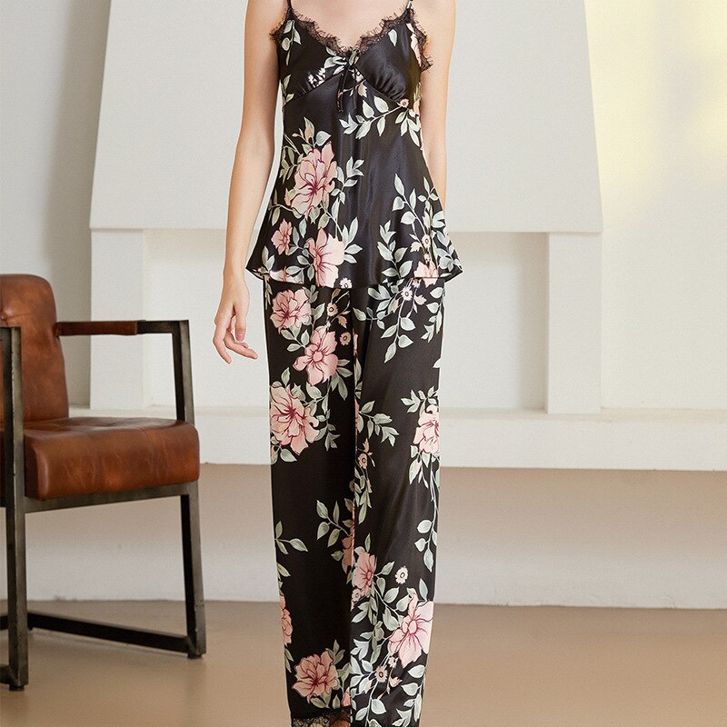 Ensemble trois pièces en Satin pour femmes, vêtements de maison, manches longues, pantalon, quatre saisons, imprimé Floral noir: two pcs set / S