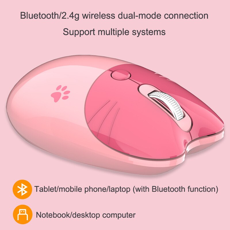 Dual-mode Mouse Wireless Mouse Bluetooth Computer Mouse Cute Cartoon Mice Ergonomic 3D Office Mouse for Kid Girl PC Tablet: Dual mode-Pink