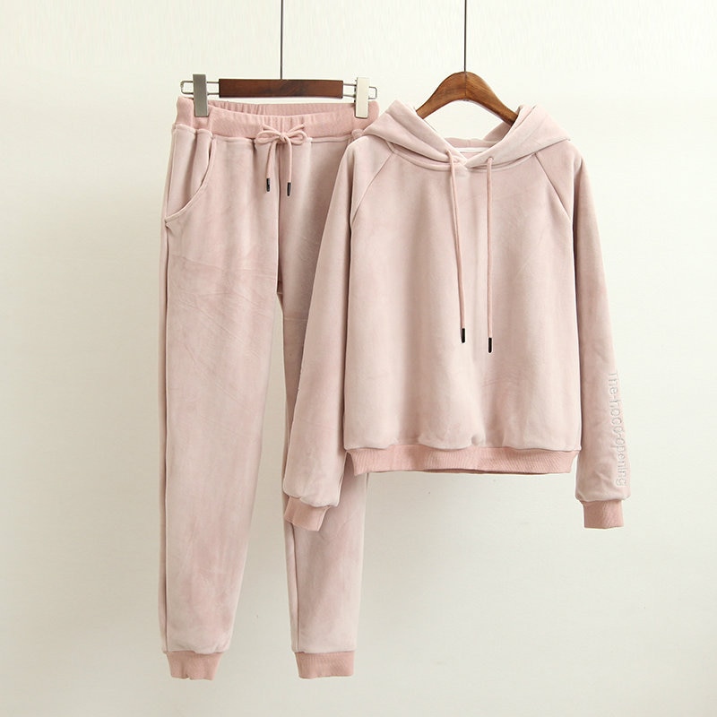 High-end Women Set Velvet Tracksuit for Women Velour 2 Piece Sets Letter Embroidery Hooded Sweatshirt+Pants Suits
