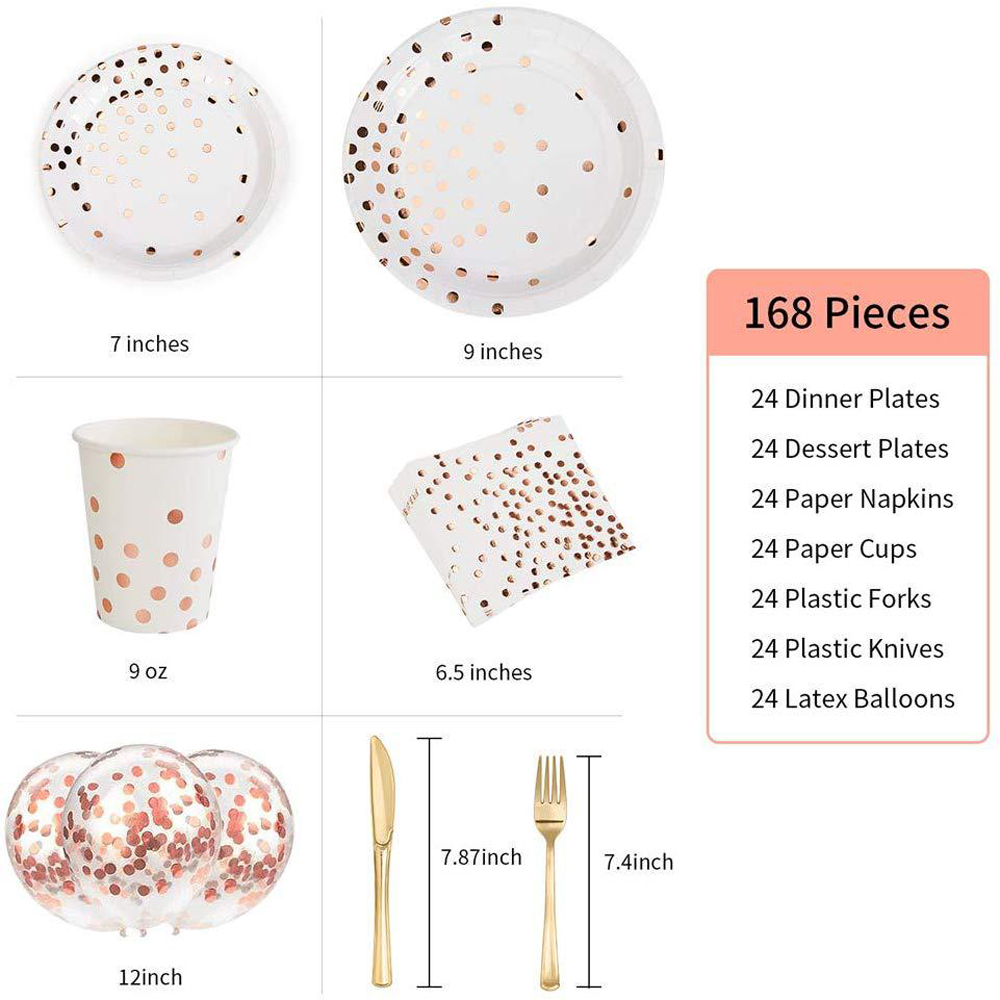 168 Pcs Rose Goud Papier Plaat Wegwerp Servies Set Kopjes Vorken Messen Ballonnen Voor Bruiloft Verjaardag Decoratie Feestartikelen