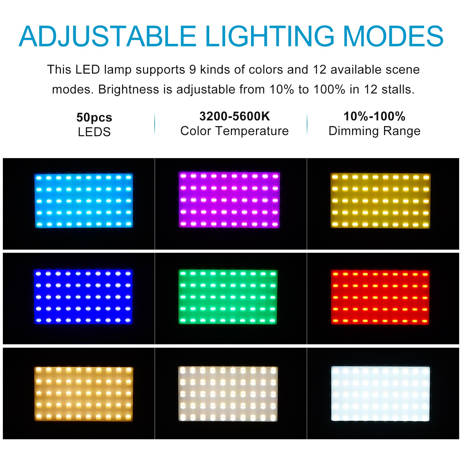 LIYADI-Lámpara de Color RGB para cámara, 50 Uds. De luz LED para vídeo, modos de iluminación 9, 12 niveles de brillo, 3200 ~ 5600K, luz de relleno de Color