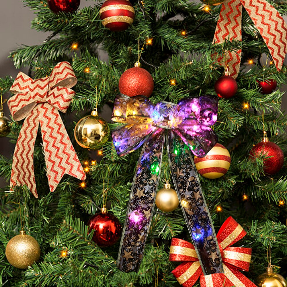 Nœud papillon de noël imprimé brillant avec lumières LED, ornements d&#39;arbre de noël, nœuds de ruban, de noël, décoration nouvel an