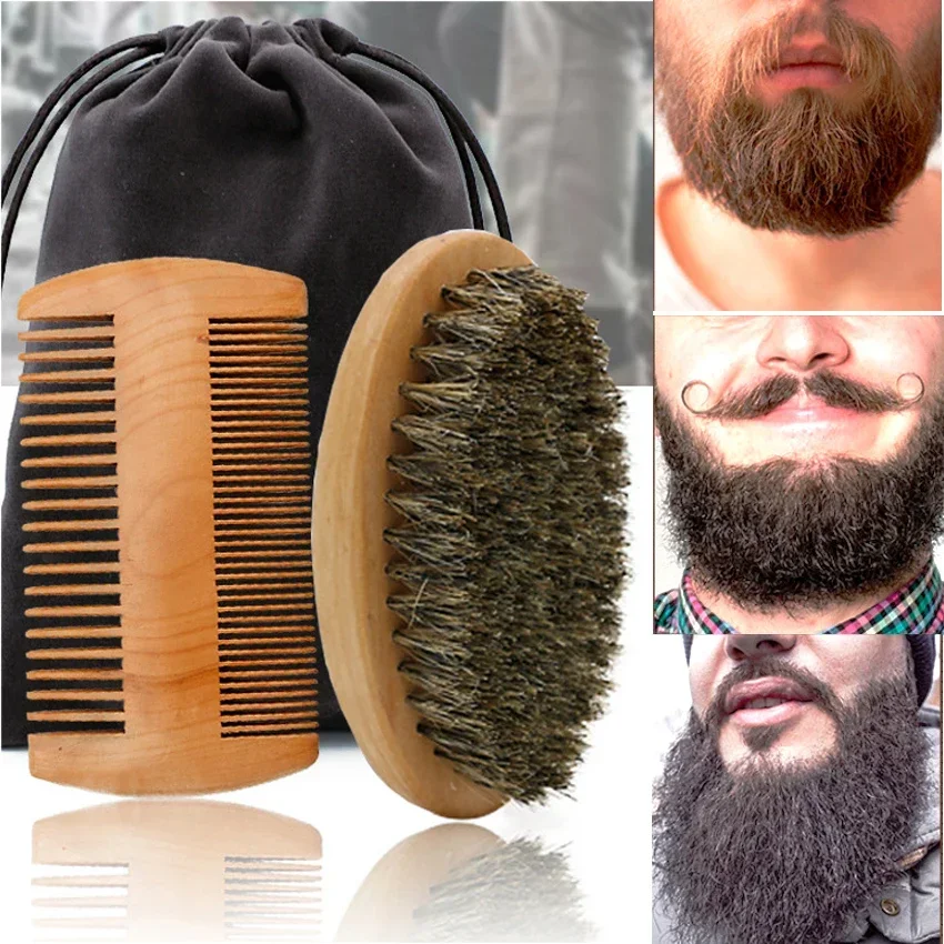 Cepillo de afeitar de dos caras con cerdas de jabalí para hombre, cepillos portátiles para Barbero, cepillos para Barba de haya Natural, peine para limpieza Facial, herramientas para bigote