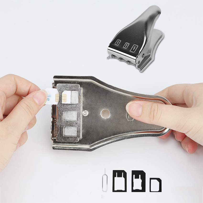 3 In 1 Sim Card Cutter Met Nano-Micro, Nano-Standaard, micro-Standaard Metalen Sim Adapters Kaart Pin Voor Mobiele Telefoons, Zilver