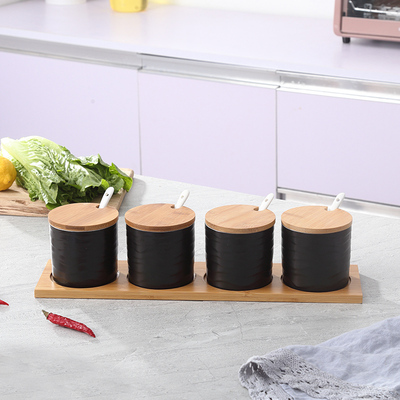 Smuk sukkerskål hjemmekøkken 4 in 1 sæt keramik salt krydderi krukker med 4 skeer sorte ord kan fjernes: Design 14