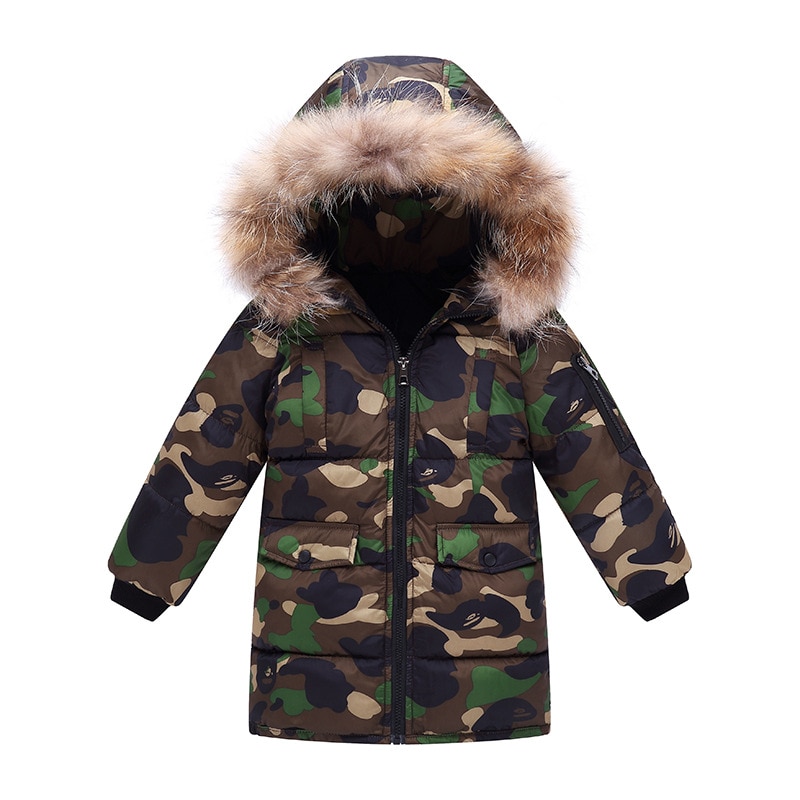 Warm Thickening Winter Fur Collar Camouflage Long Child Coat Children Outerwear Windproof Baby Boys Girls Jackets 3-12 Years Old