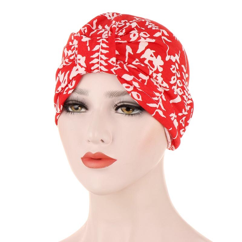 Forår kvinder blomst udskrivning folde turban muslimske hijab hætter bandana pandebånd turbante hovedbeklædning til kemo hår tilbehør: Rød