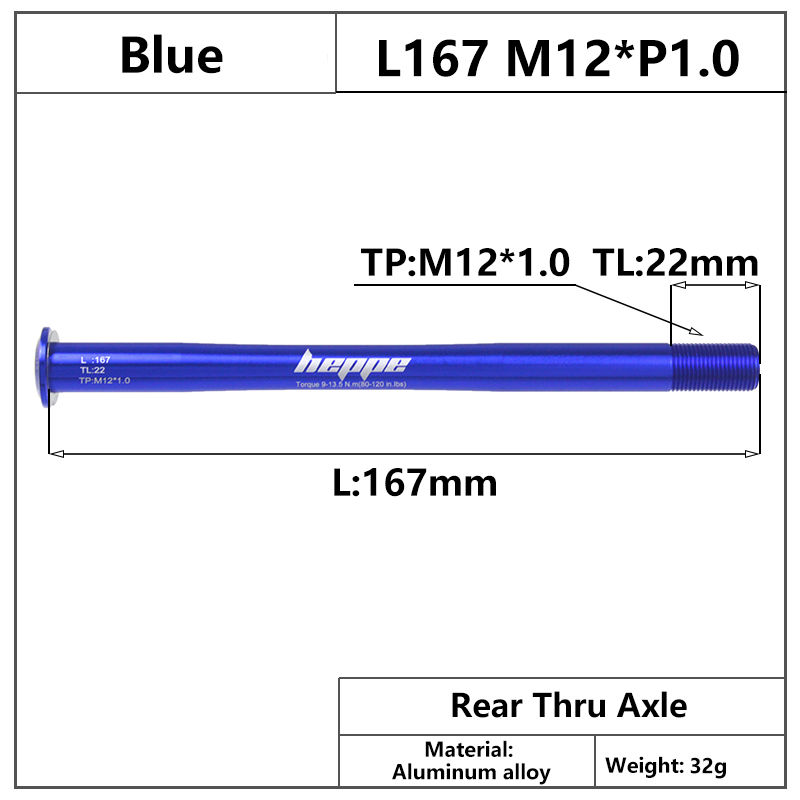 HEPPE-eje pasante para bicicleta de montaña, brochetas de eje trasero, 12x142, 12x148, liberación rápida, 167mm, M12xP1.0, multicolor: Blue Color