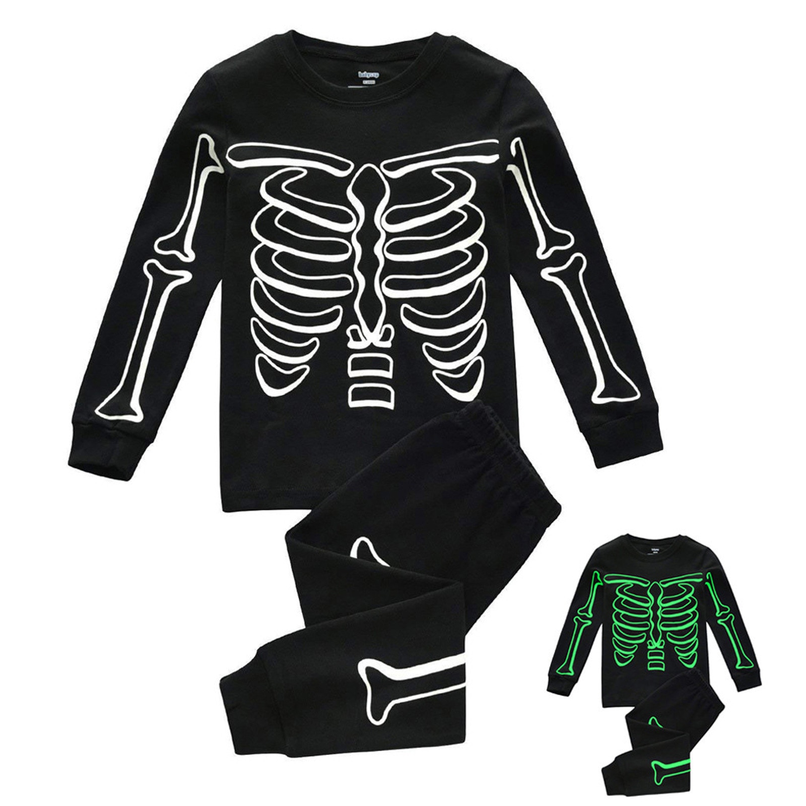 Halloween Roupas Criança Crianças Algodão Sleepwear Conjunto Pijama Meninos Brilham no Escuro Esqueleto Halloween детская одежда